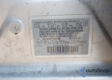 2015 Nissan Versa 1.6 S/1.6 S+/1.6 Sl/1.6 Sv z USA, uszkodzony, nr VIN 3N1CN7AP7FL831156